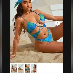 Fashion Nova Blue and Green Strappy Cutout One-Piece Swimsuit